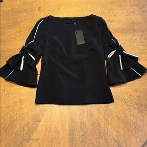 Alberto Makali NWT Bow Detail 3/4 Bell Sleeve Blouse Black White Trim Medium.